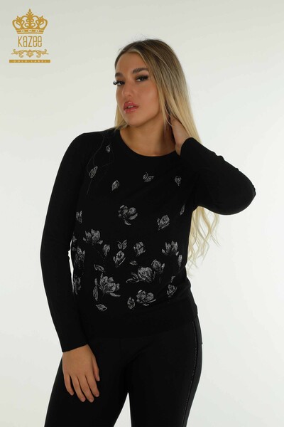 Wholesale Women's Knitwear Sweater Stone Embroidered Black - 30471 | KAZEE 