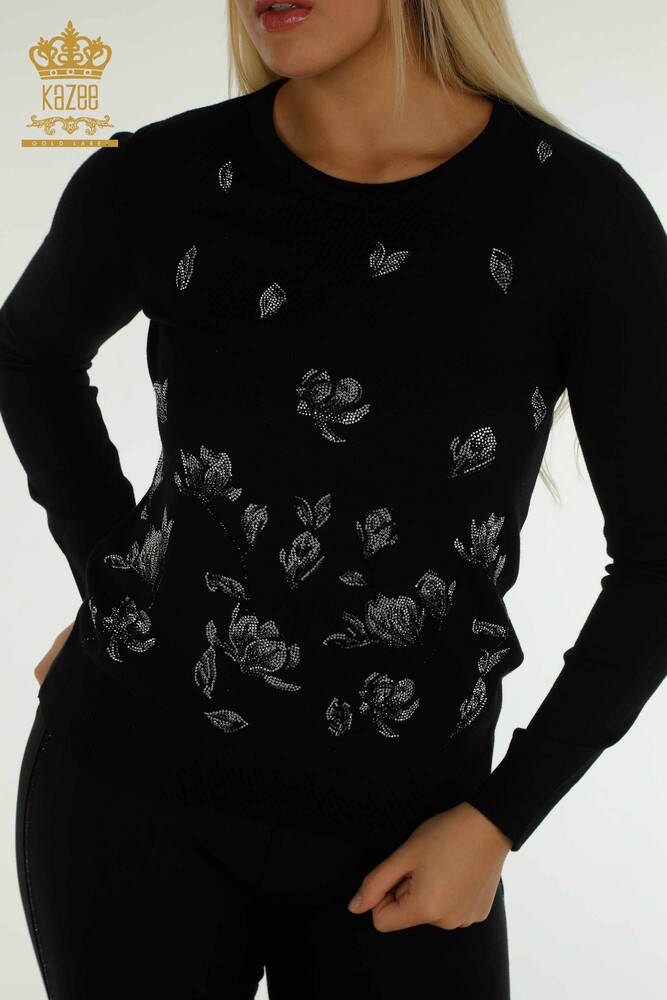 Wholesale Women's Knitwear Sweater Stone Embroidered Black - 30471 | KAZEE - 2