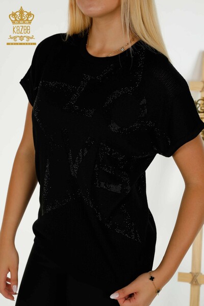 Wholesale Women's Knitwear Sweater Stone Embroidered Black - 30501 | KAZEE - 3