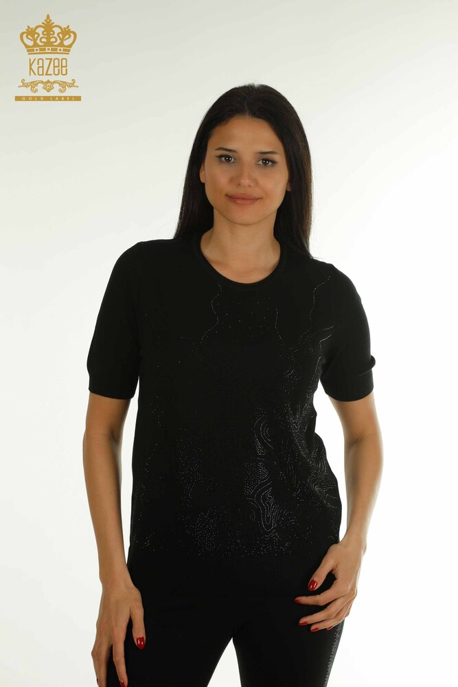 Wholesale Women's Knitwear Sweater Stone Embroidered Black - 30659 | KAZEE - 1