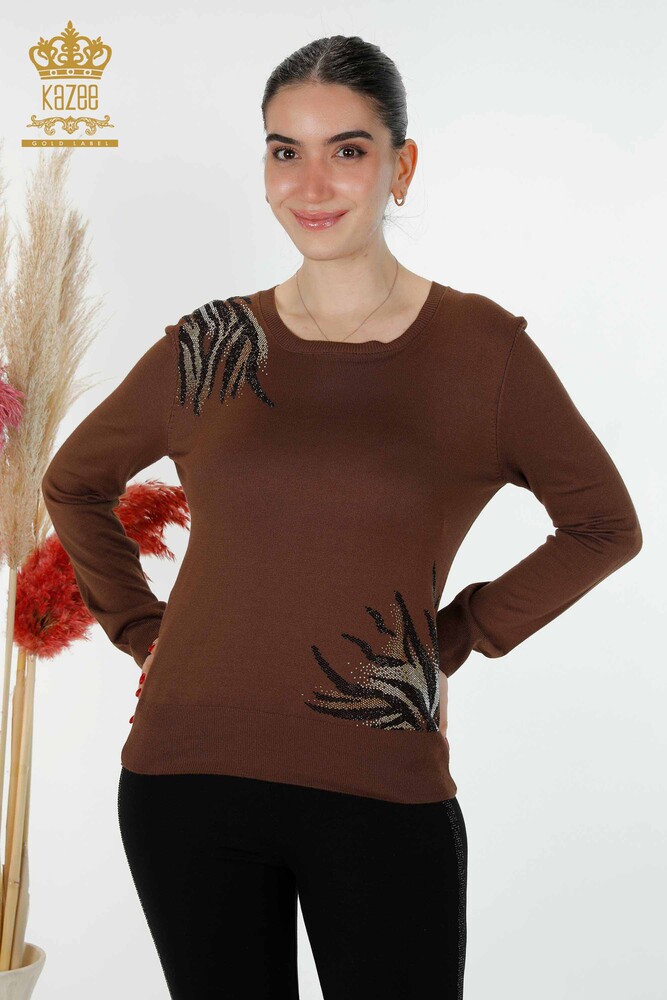 Wholesale Women's Knitwear Sweater Stone Embroidered Brown - 16940 | KAZEE - 1