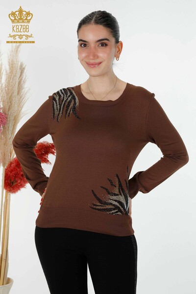 Wholesale Women's Knitwear Sweater Stone Embroidered Brown - 16940 | KAZEE 