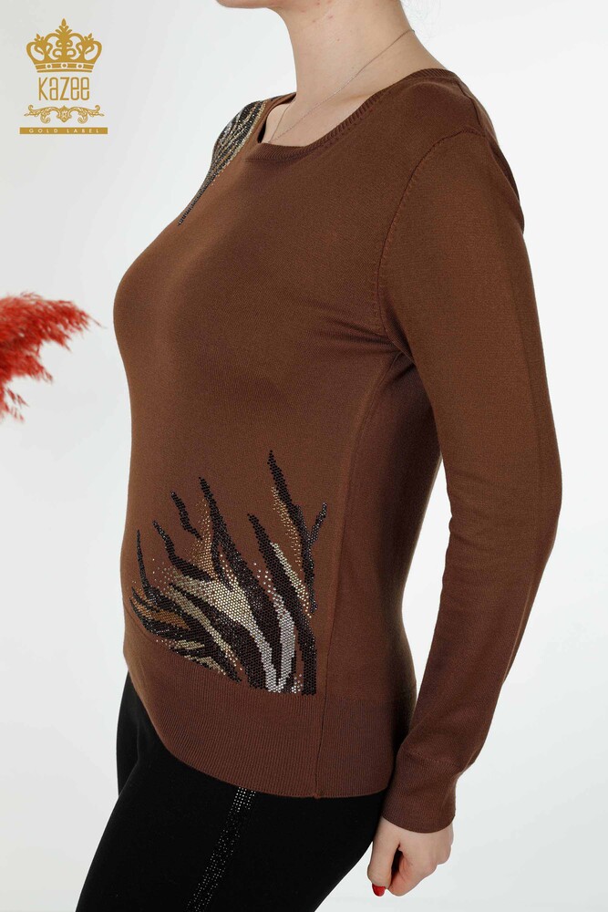 Wholesale Women's Knitwear Sweater Stone Embroidered Brown - 16940 | KAZEE - 5