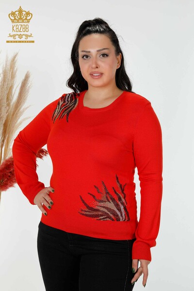 Wholesale Women's Knitwear Sweater Stone Embroidered Coral - 16940 | KAZEE - 1