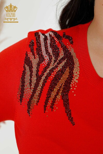 Wholesale Women's Knitwear Sweater Stone Embroidered Coral - 16940 | KAZEE - 3