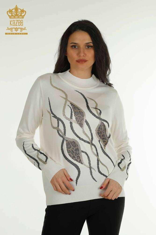 Wholesale Women's Knitwear Sweater Stone Embroidered Ecru - 30096 | KAZEE - 1