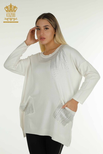 Wholesale Women's Knitwear Sweater Stone Embroidered Ecru - 30623 | KAZEE - Kazee