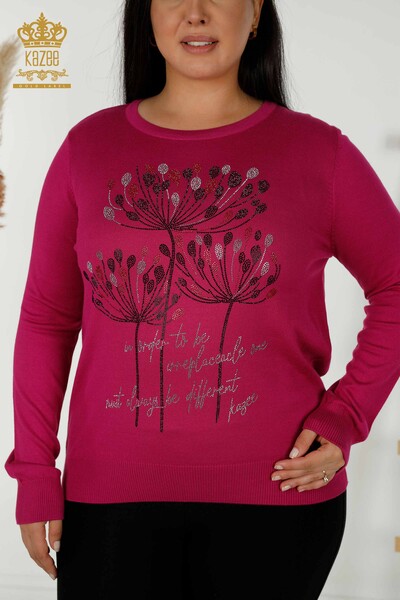 Wholesale Women's Knitwear Sweater - Stone Embroidered - Fuchsia - 30156 | KAZEE - 2