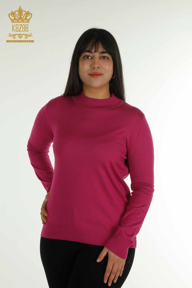 Wholesale Women's Knitwear Sweater Stone Embroidered Fuchsia - 30677 | KAZEE - 1