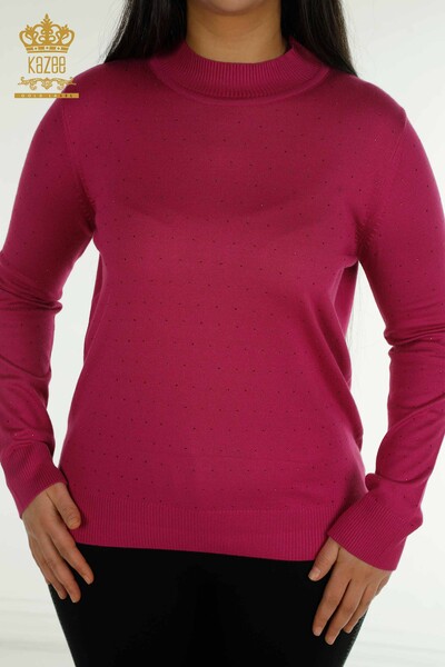 Wholesale Women's Knitwear Sweater Stone Embroidered Fuchsia - 30677 | KAZEE - 2