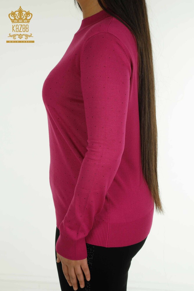 Wholesale Women's Knitwear Sweater Stone Embroidered Fuchsia - 30677 | KAZEE - 5