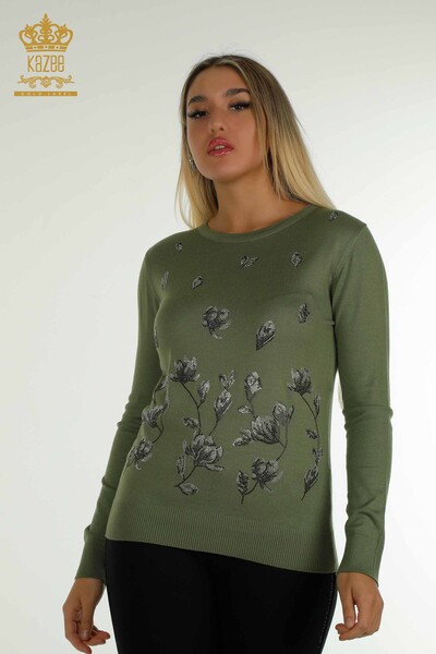 Wholesale Women's Knitwear Sweater Stone Embroidered Khaki - 30471 | KAZEE 