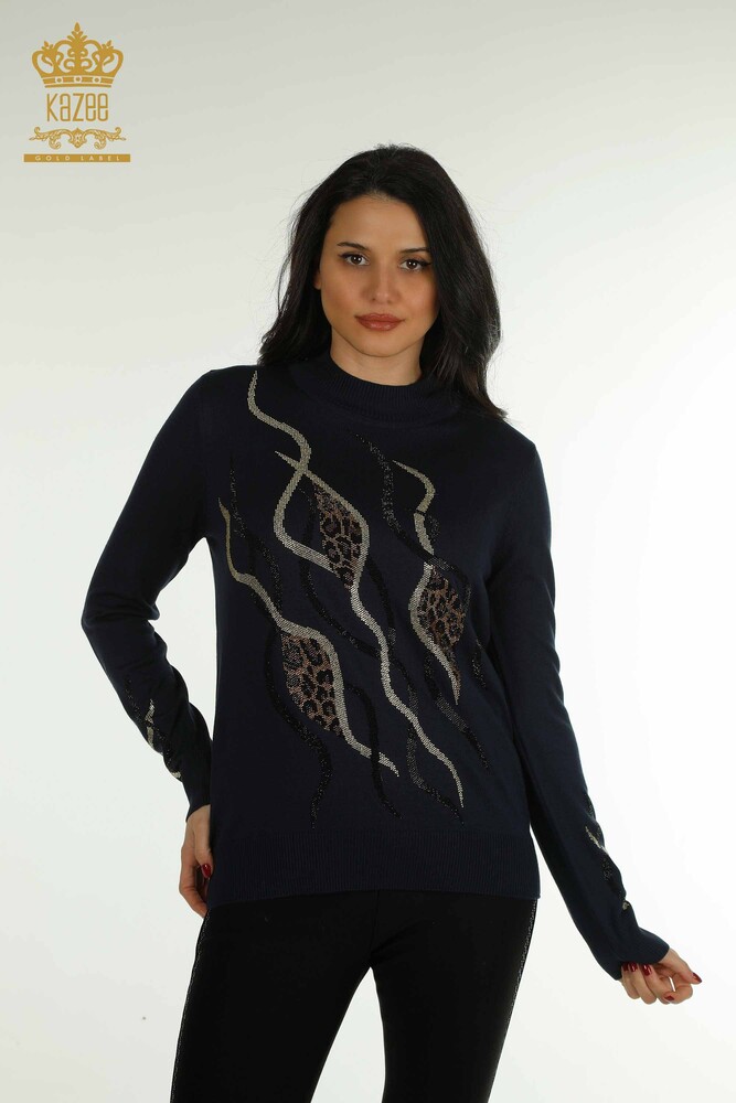 Wholesale Women's Knitwear Sweater Stone Embroidered Navy Blue - 30096 | KAZEE - 1