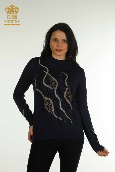 Wholesale Women's Knitwear Sweater Stone Embroidered Navy Blue - 30096 | KAZEE 