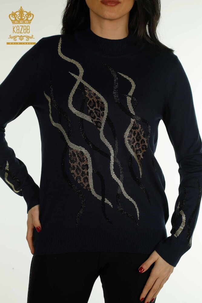 Wholesale Women's Knitwear Sweater Stone Embroidered Navy Blue - 30096 | KAZEE - 2