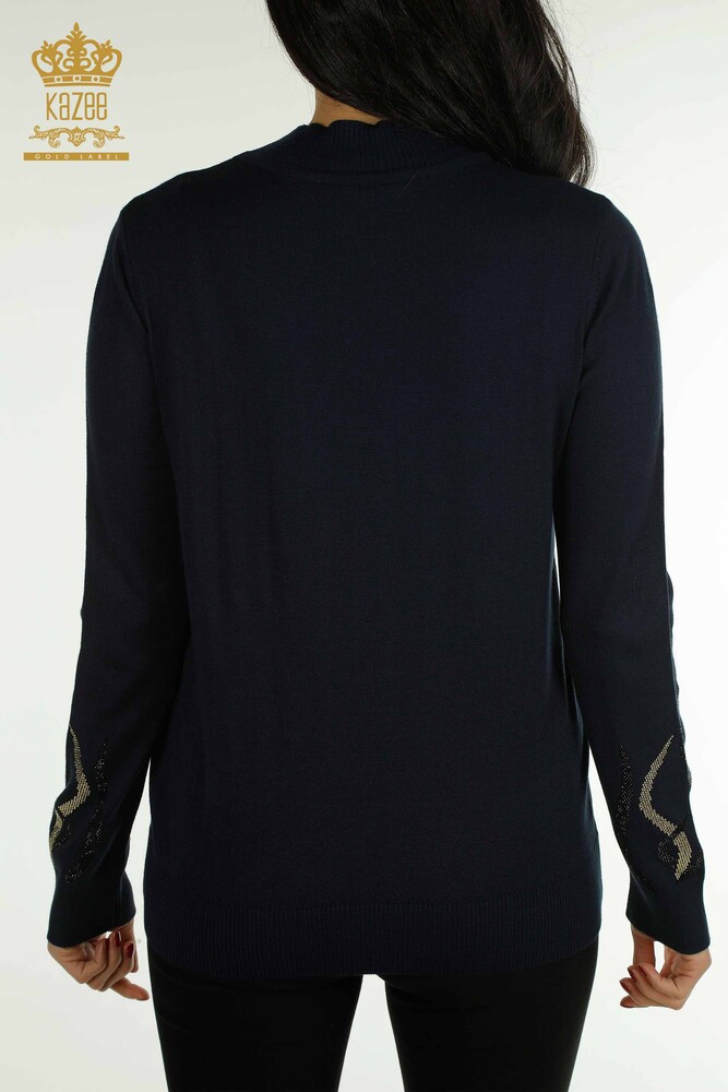 Wholesale Women's Knitwear Sweater Stone Embroidered Navy Blue - 30096 | KAZEE - 6