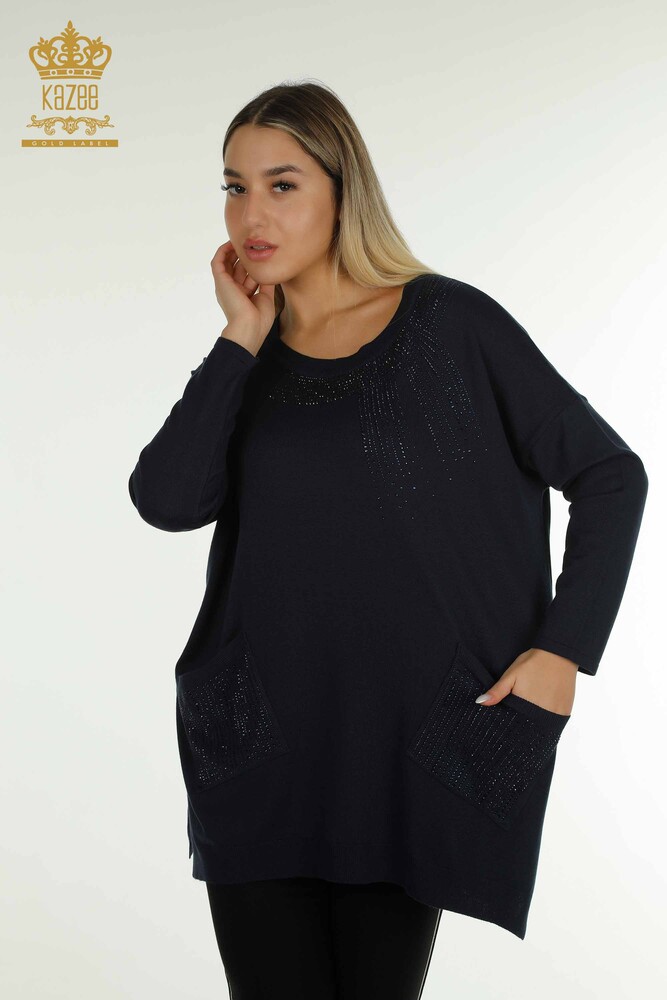 Wholesale Women's Knitwear Sweater Stone Embroidered Navy Blue - 30623 | KAZEE - 1