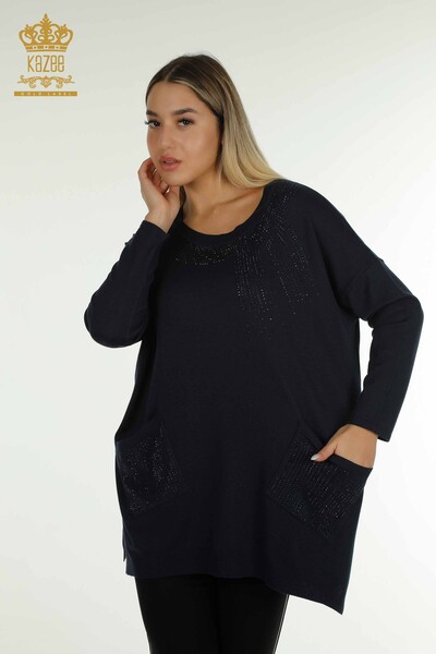 Wholesale Women's Knitwear Sweater Stone Embroidered Navy Blue - 30623 | KAZEE 