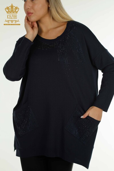 Wholesale Women's Knitwear Sweater Stone Embroidered Navy Blue - 30623 | KAZEE - 2