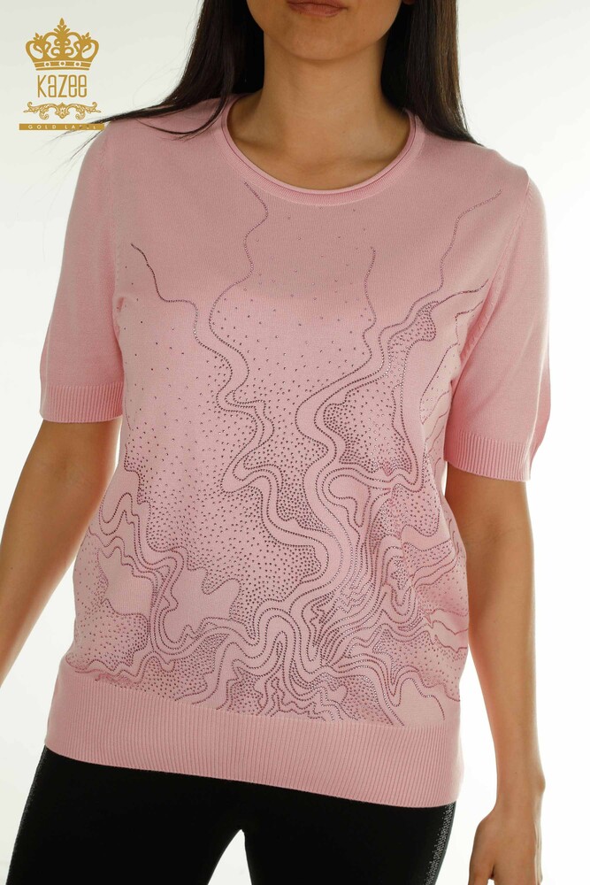 Wholesale Women's Knitwear Sweater Stone Embroidered Pink - 30659 | KAZEE - 2