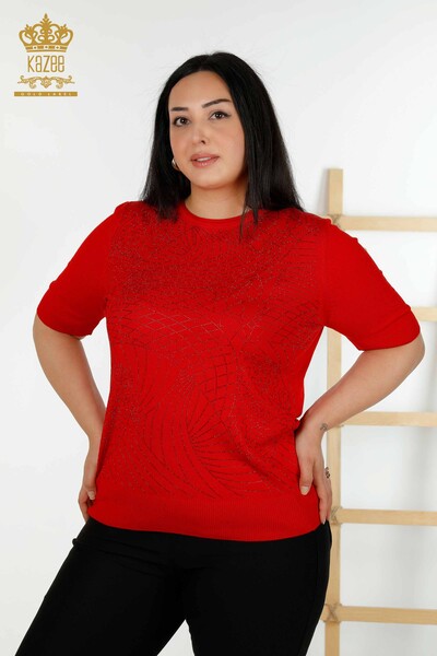 Wholesale Women's Knitwear Sweater Stone Embroidered Red - 30115 | KAZEE - Thumbnail