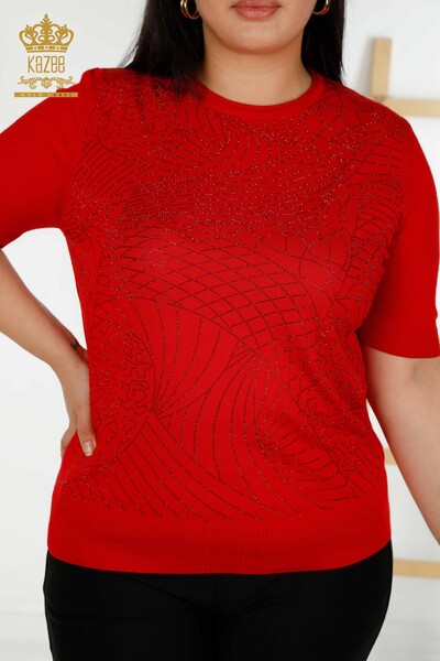 Wholesale Women's Knitwear Sweater Stone Embroidered Red - 30115 | KAZEE - Thumbnail