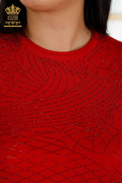 Wholesale Women's Knitwear Sweater Stone Embroidered Red - 30115 | KAZEE - Thumbnail