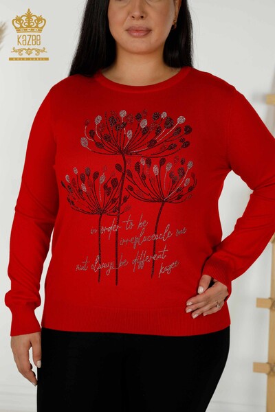 Wholesale Women's Knitwear Sweater Stone Embroidered Red - 30156 | KAZEE - 2