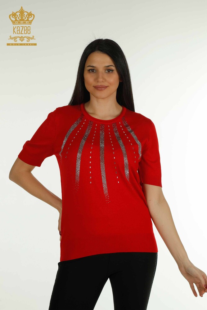 Wholesale Women's Knitwear Sweater Stone Embroidered Red - 30460 | KAZEE - 1