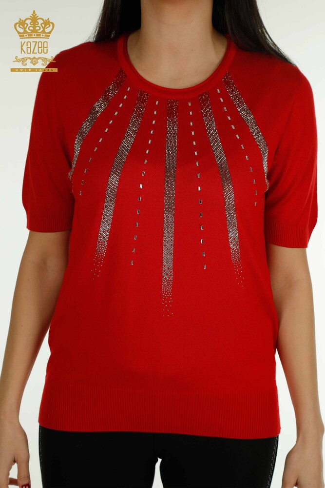 Wholesale Women's Knitwear Sweater Stone Embroidered Red - 30460 | KAZEE - 2