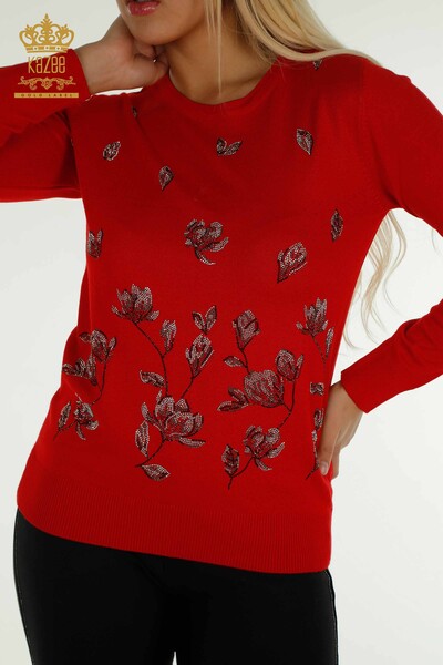 Wholesale Women's Knitwear Sweater Red with Stone Embroidery - 30471 | KAZEE - 2