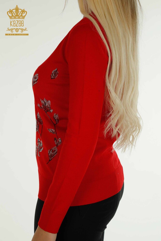 Wholesale Women's Knitwear Sweater Red with Stone Embroidery - 30471 | KAZEE - 6