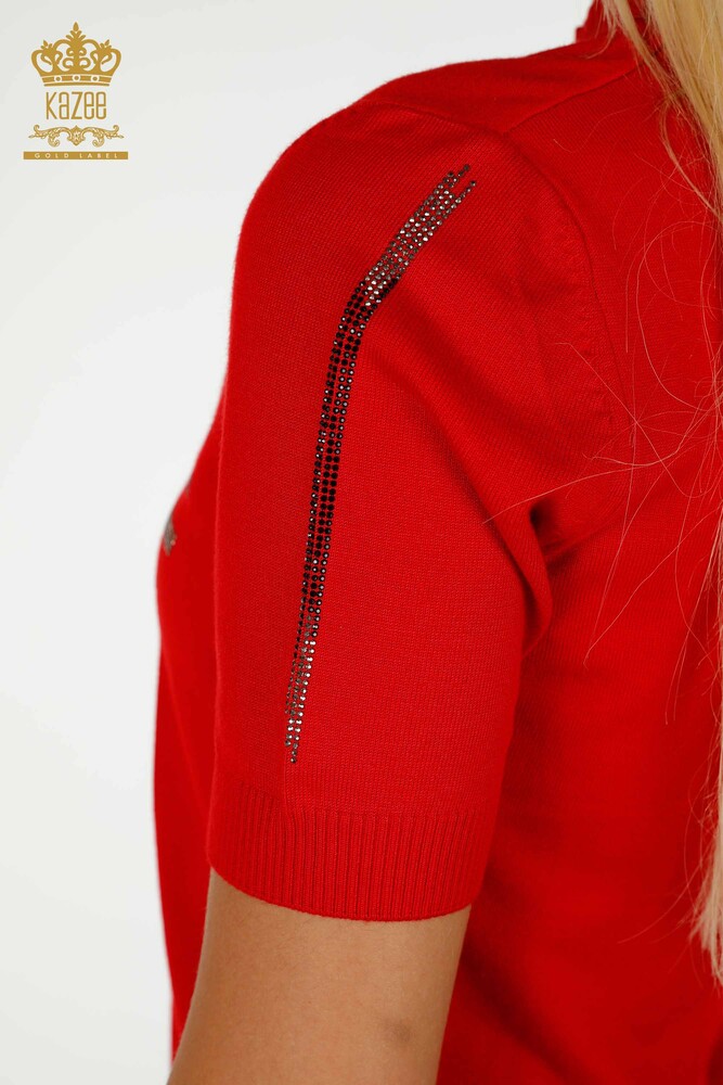 Wholesale Women's Knitwear Sweater Red with Stone Embroidery - 30491 | KAZEE - 6