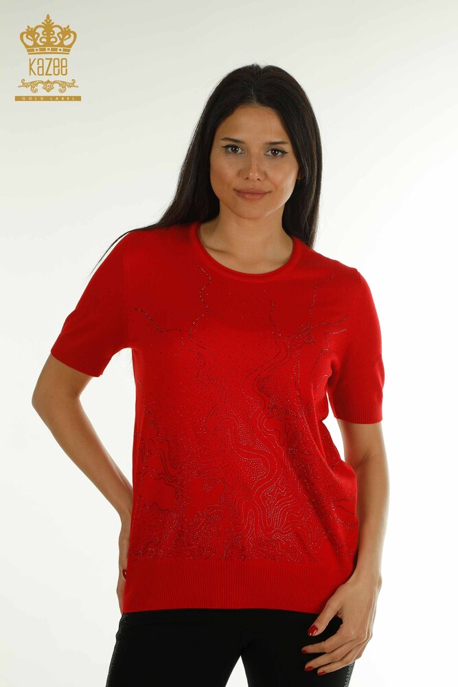 Wholesale Women's Knitwear Sweater Stone Embroidered Red - 30659 | KAZEE - 1