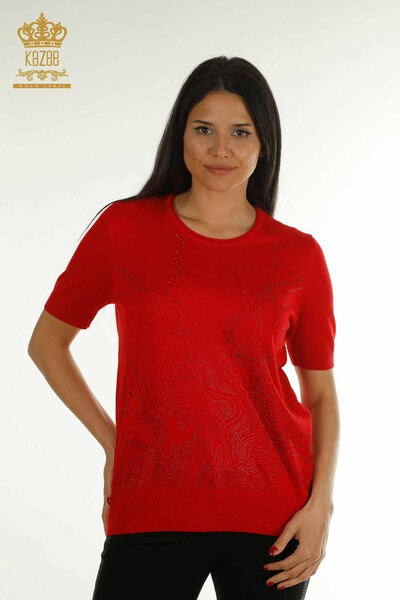 Wholesale Women's Knitwear Sweater Stone Embroidered Red - 30659 | KAZEE - Kazee