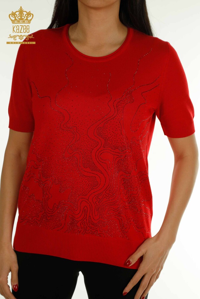 Wholesale Women's Knitwear Sweater Stone Embroidered Red - 30659 | KAZEE - 2