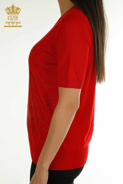 Wholesale Women's Knitwear Sweater Stone Embroidered Red - 30659 | KAZEE - 6