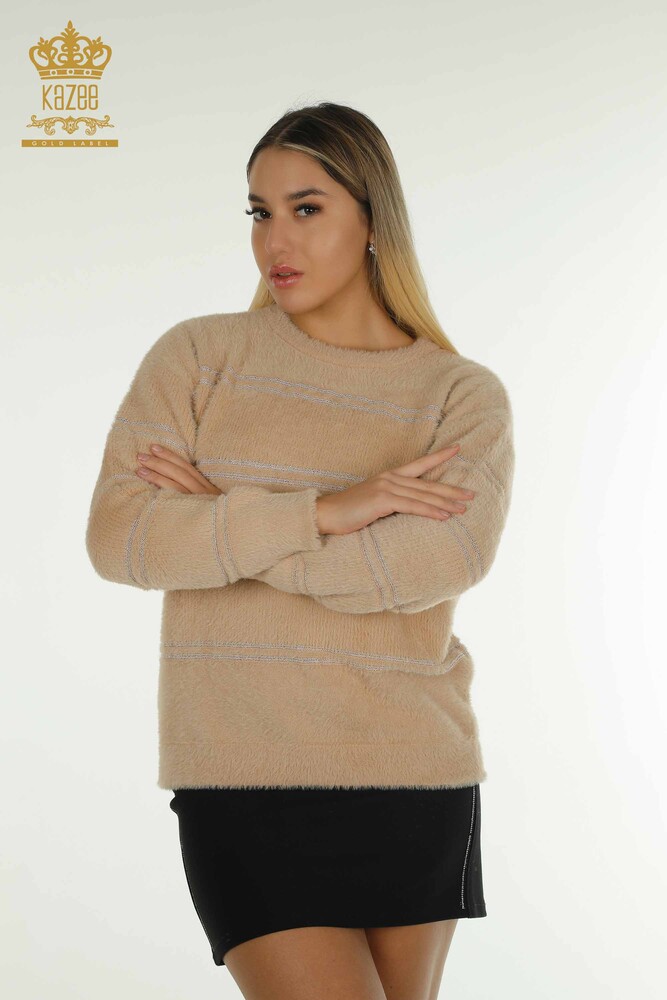 Wholesale Women's Knitwear Sweater Striped Angora Beige - 30680 | KAZEE - 1