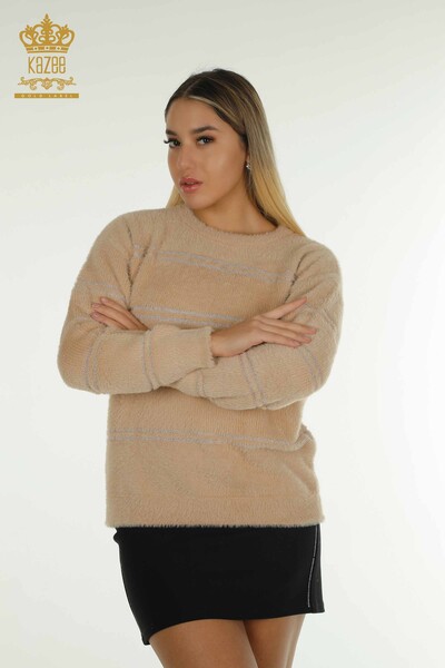 Wholesale Women's Knitwear Sweater Striped Angora Beige - 30680 | KAZEE 