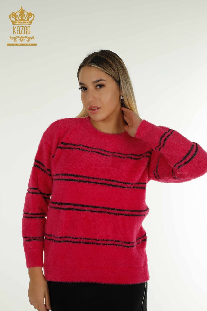 Wholesale Women's Knitwear Sweater Striped Angora Fuchsia - 30680 | KAZEE - 1