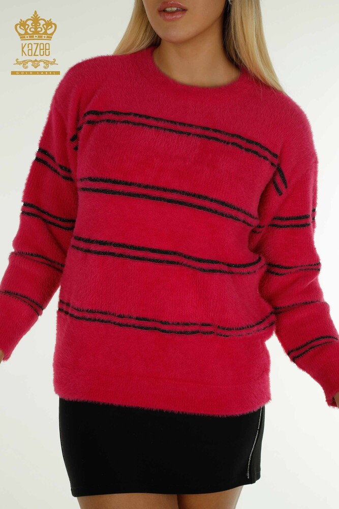 Wholesale Women's Knitwear Sweater Striped Angora Fuchsia - 30680 | KAZEE - 2