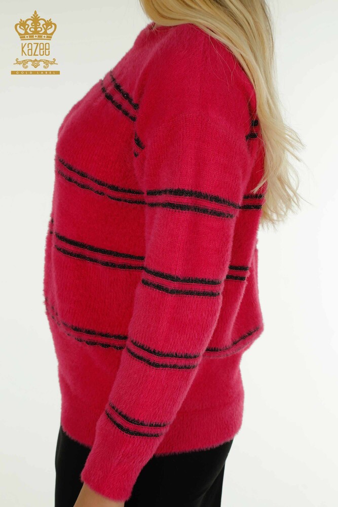 Wholesale Women's Knitwear Sweater Striped Angora Fuchsia - 30680 | KAZEE - 5