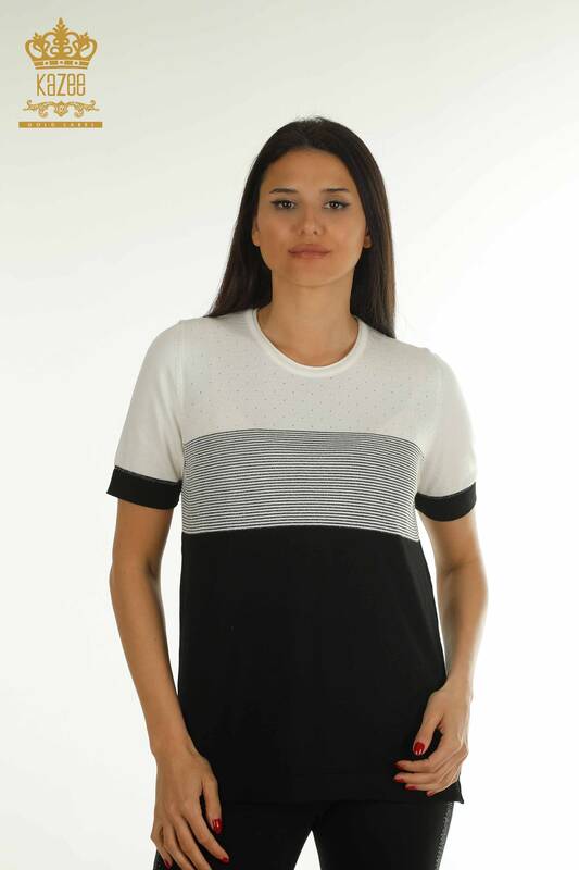 Wholesale Women's Knitwear Sweater Striped Black - 30762 | KAZEE