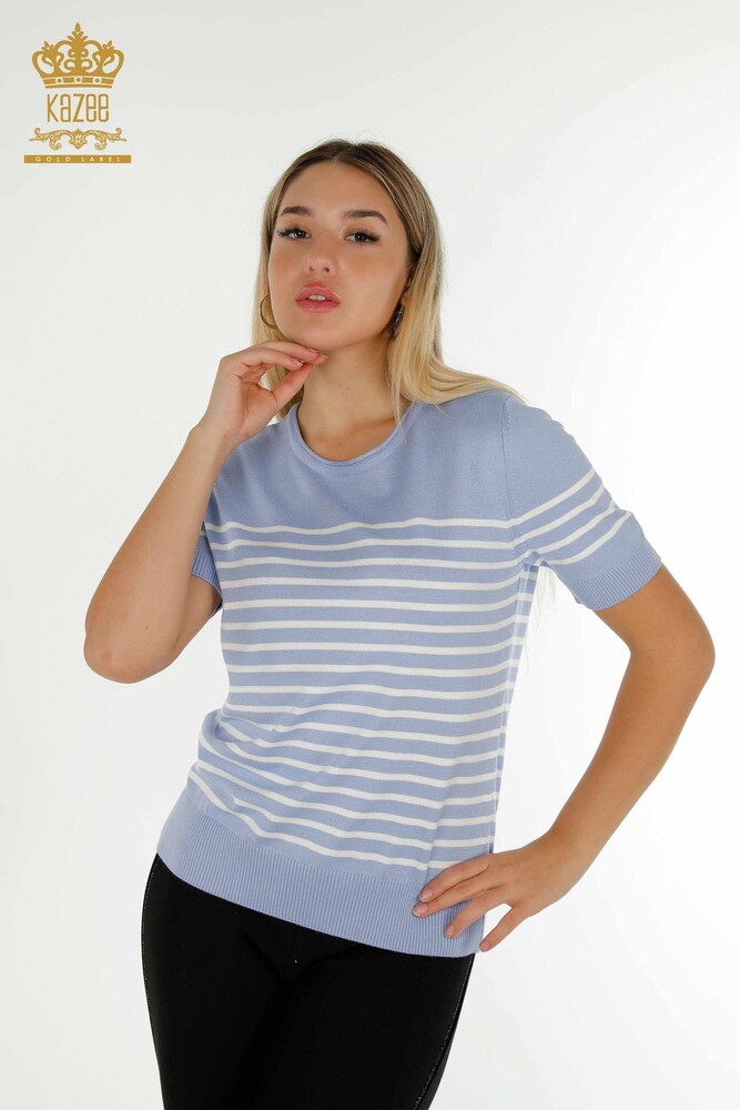 Wholesale Women's Knitwear Sweater Striped Short Sleeve Blue White - 30396 | KAZEE - 1