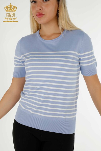 Wholesale Women's Knitwear Sweater Striped Short Sleeve Blue White - 30396 | KAZEE - 2