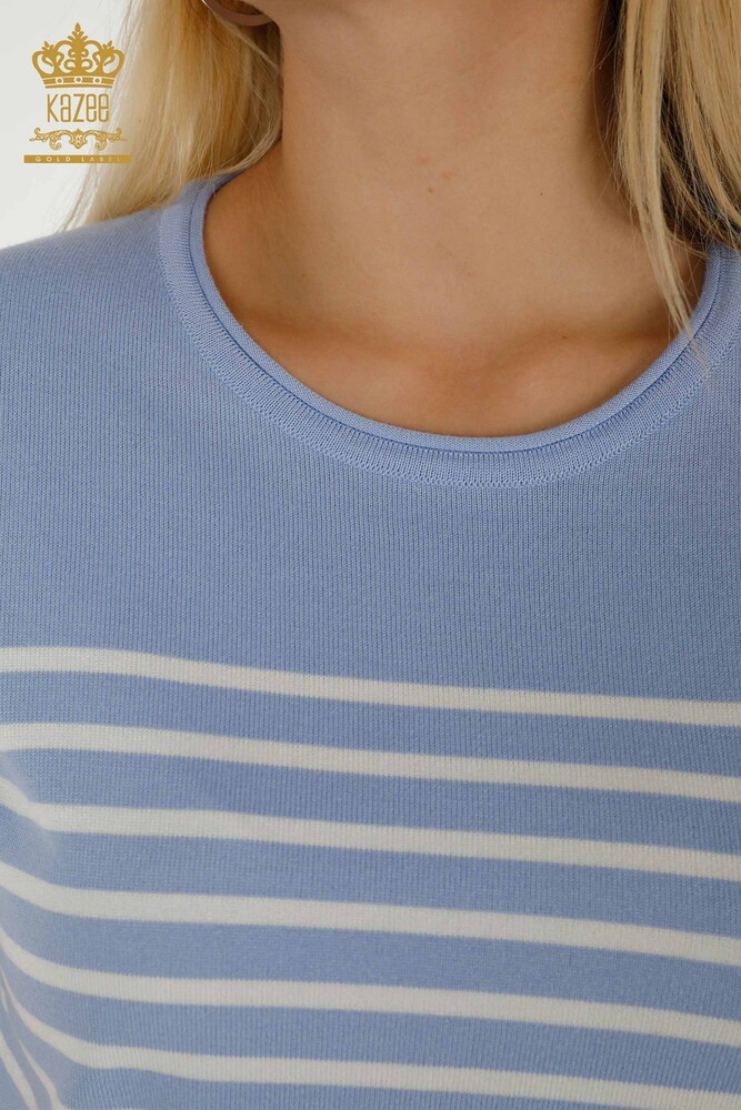 Wholesale Women's Knitwear Sweater Striped Short Sleeve Blue White - 30396 | KAZEE - 3