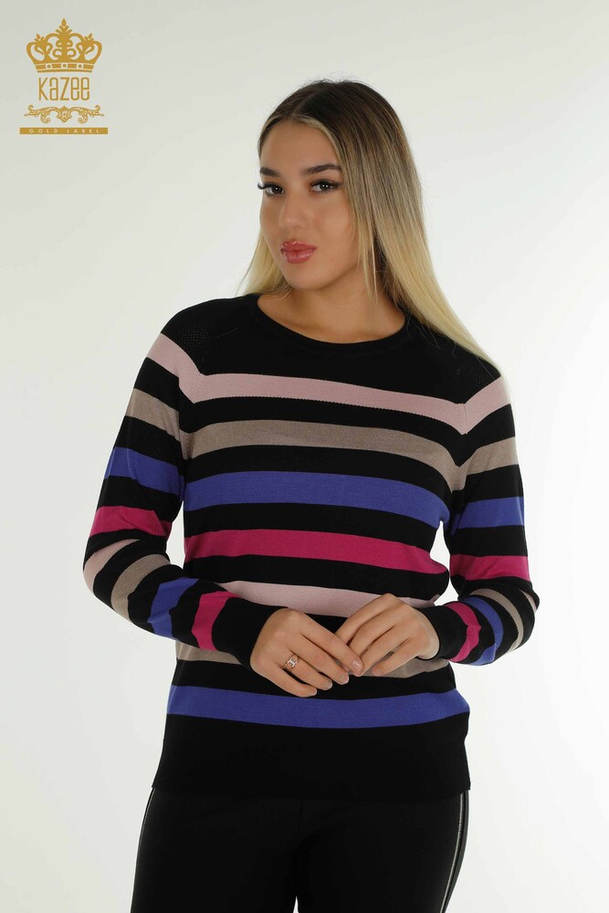 Wholesale Women's Knitwear Sweater Striped Two Color Black Fuchsia - 30133 | KAZEE - 1