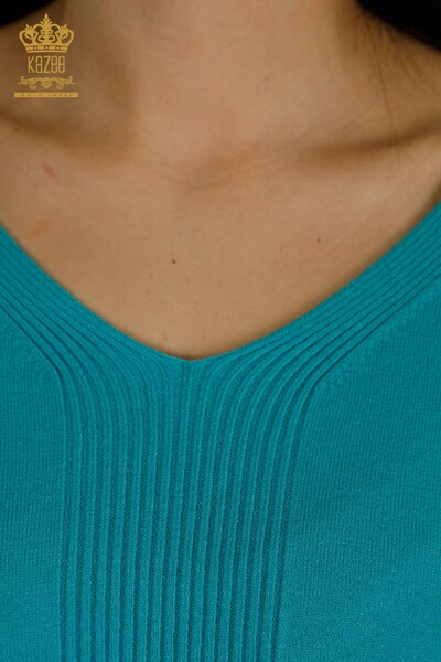 Wholesale Women's Knitwear Sweater with Slit Detail Turquoise - 30193 | KAZEE - 4