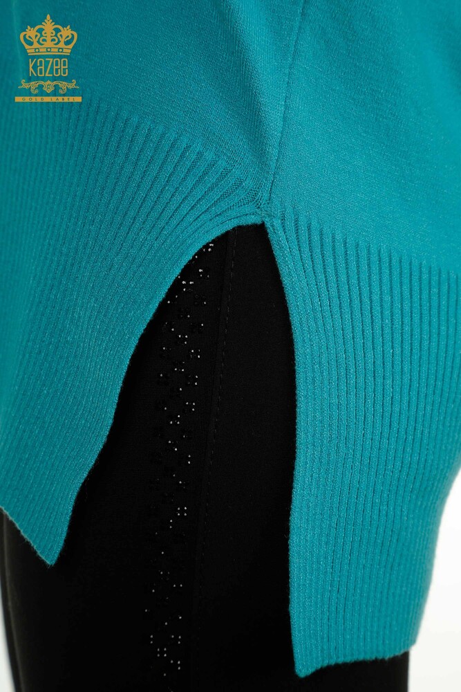 Wholesale Women's Knitwear Sweater with Slit Detail Turquoise - 30193 | KAZEE - 7