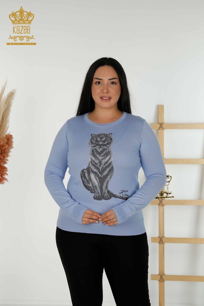 Wholesale Women's Knitwear Sweater - Tiger Pattern - Blue - 30127 | KAZEE - 1